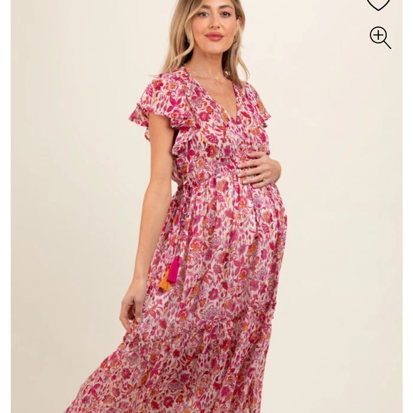 Floral Chiffon Flutter Sleeve Ruffle Hem Maternity Midi Dress - Picture 1 of 5